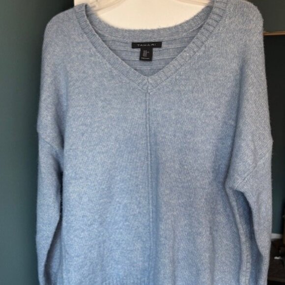 Tahari XL Blue Wash Sweater Long Sleeve Wool Tunic Casual Ribbed Stretch Cozy - Picture 1 of 8